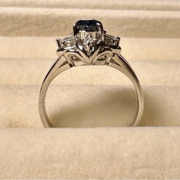 Platinum Natural Blue Sapphire & Diamond Jewelry Women Engagement Ring Size 4.9